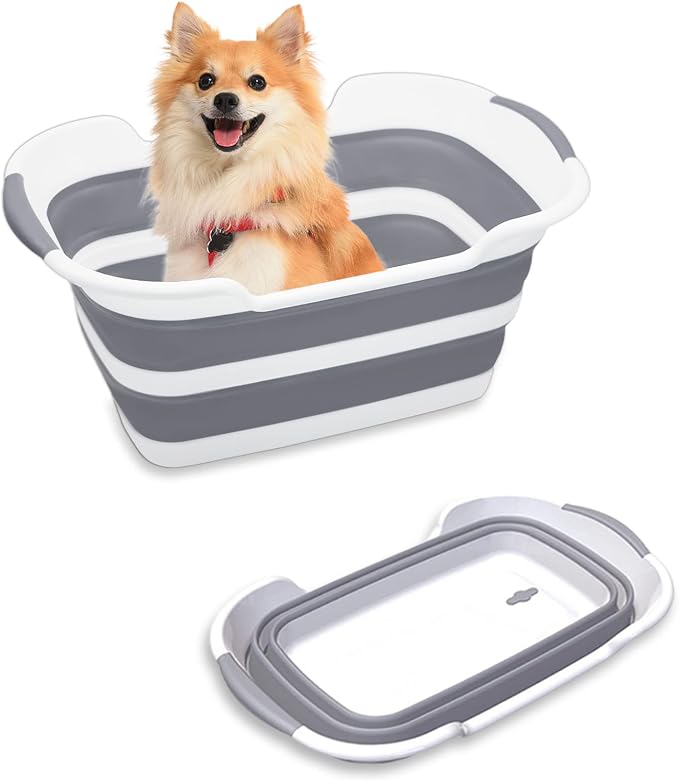 Goderewild Collapsible Pet Bathtub, 7.1 Gal (27L) - Foldable Bathing Tub with Drain Plug for Dogs & Cats Under 30 lbs - Multi-Use as Laundry Basket, Storage Organizer, Camping Sink (Grey)