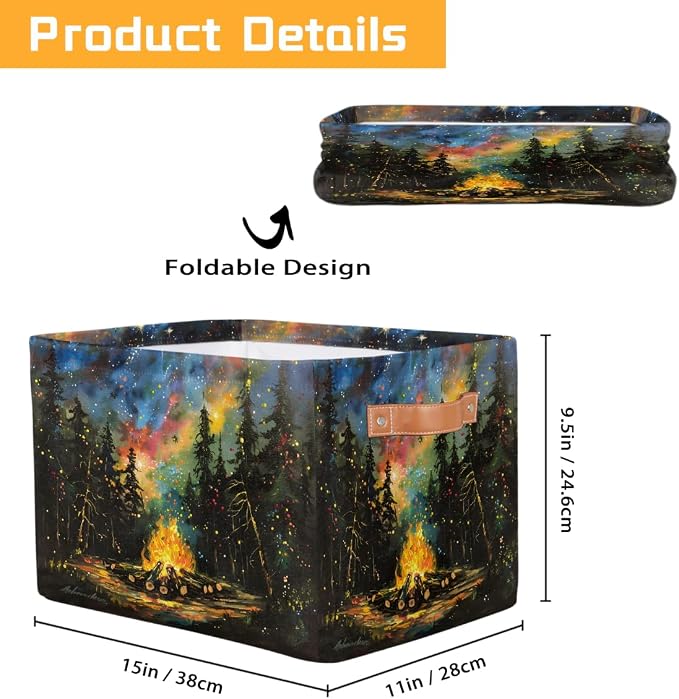 Pardick Storage Baskets Bin, Camping Campfire Collapsible Canvas Fabric Storage Bin Decorative Baskets Toy Organizer Rectangle Storage Boxes with Handles for Home Shelves Nursery,1Pack,A-955