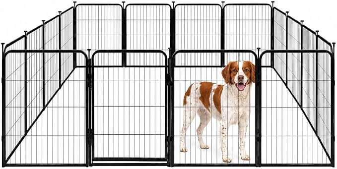 Outdoor Dog Playpen - 32 inch, 16 Panels for Small and Medium Size Dogs - Heavy Duty Metal Pet Fence with Black Anti-Rust Coating - Portable Exercise Play Pen for RV, Camping, and Yard