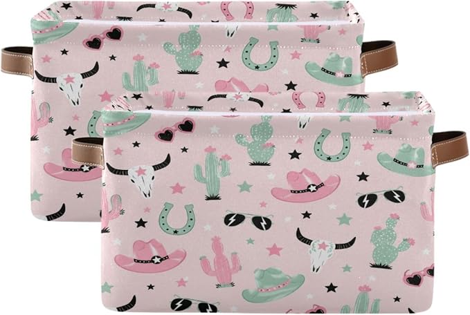 Kigai Storage Basket, Fabric Collapsible Closet Organizer Bin | Western Print Waterproof Foldable Canvas Basket with Handles for Shelves, Nursery, Closet, Bedroom & Bathroom
