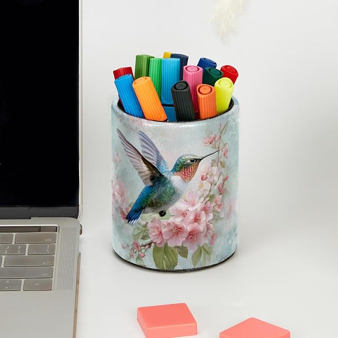 Faux Leather Pen Holder for Desk, Pencil Organizer Hummingbird Pen Cup Desk Decor Makeup Brush Holder Storage for Office Home