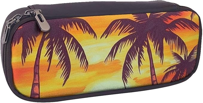 Leather Pencil Case Organizer Big Capacity Pencil Pouch Storage Bag With Compartments Cute Pencil Bag Sunset Palm Tree Pen Box Portable Cosmetic Makeup Bag Organizer
