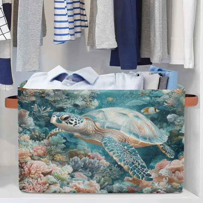 Sea Turtle Storage Baskets with Handle Nautical Storage Boxes Collapsible Nursery Basket Organizer Waterproof Storage Bins for Closet Shelves Book Cloth 15 X 11 X 9.5 IN