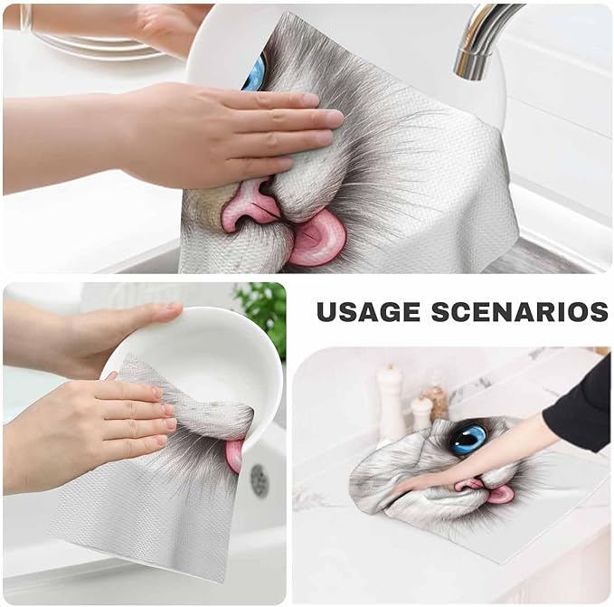 Funny Cat 2Pcs Kitchen Towels Creative Smiling Cat Blue Eyes Portrait 16X24 Inch Ultra Soft Tea Towel Super Absorbent Terry Dish Towels for Kitchen Linens