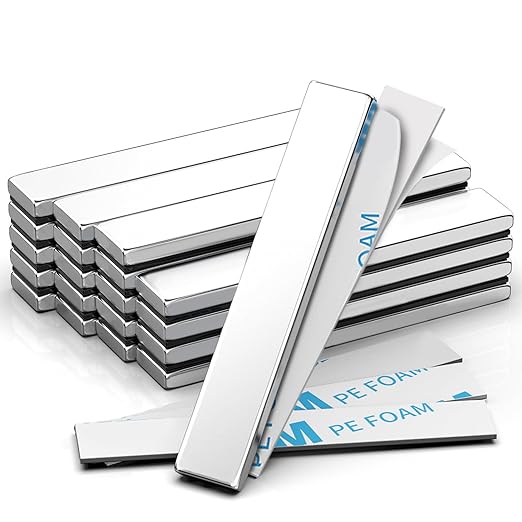 Rare Earth Neodymium Magnets with Double Sided Adhesive, 60x10x3 mm, 20pcs | Heavy Duty Strong Magnets, Rectangular Bar Magnets Strip for Fridge Kitchen Garage Office Science Craft, Silver