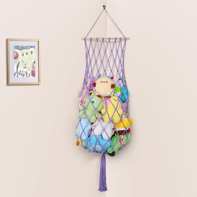 68 Inch Stuffed Animal Storage Net Corner Stuffy Hammock,Purple | Boho Macrame Large Toy Hammock for Stuffed Animals Organizer,Wall Ceiling Over Door Stuffy Storage Holder,Nursery Room Decor