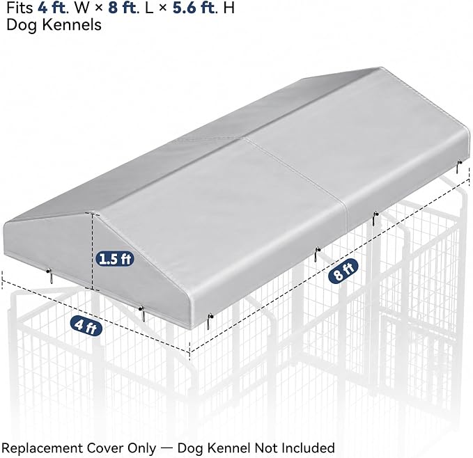 ROOMTEC 8 x 4 FT Outdoor Dog Kennel Cover, Replacement Canopy Only | Silver, 210D Coated Oxford, Waterproof, UV, 12 Secure Fasteners, Designed for ROOMTEC Kennels
