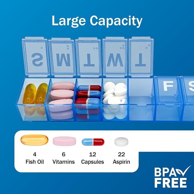 Amazon Basic Care 7-Day Weekly Pill Organizer, Portable Medicine and Vitamin Planner Box with Medium Compartments, Blue (Pack of 2)