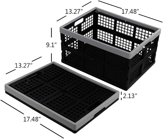 34-Liter Collapsible Milk Crates, Stackable Storage Basket, Set of 4 | Folding Crate for Oraganizing, Black & Grey