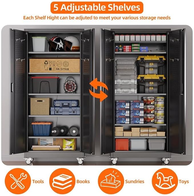 Metal Garage Storage Cabinet with Wheels and Door Pegboard (Pack of 2)