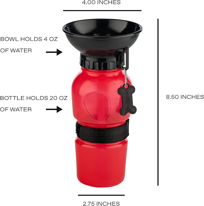 Highwave AutoDogMug Dog Water Bottle with Built-in Bowl, 20 oz, Red