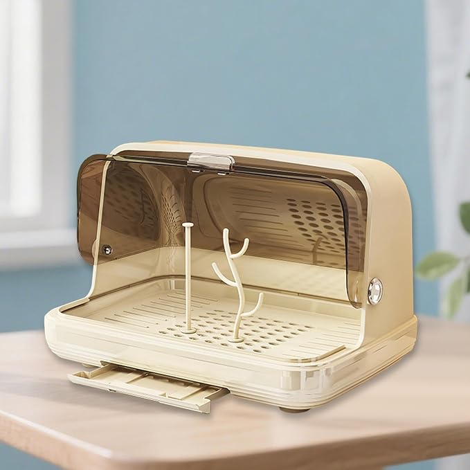 harayaa Rack Rack with Cover Storage Box Organizer Portable PET Material Dustproof Dish Drainer Easy to Clean for Nursery Suitable, Light Khaki Large