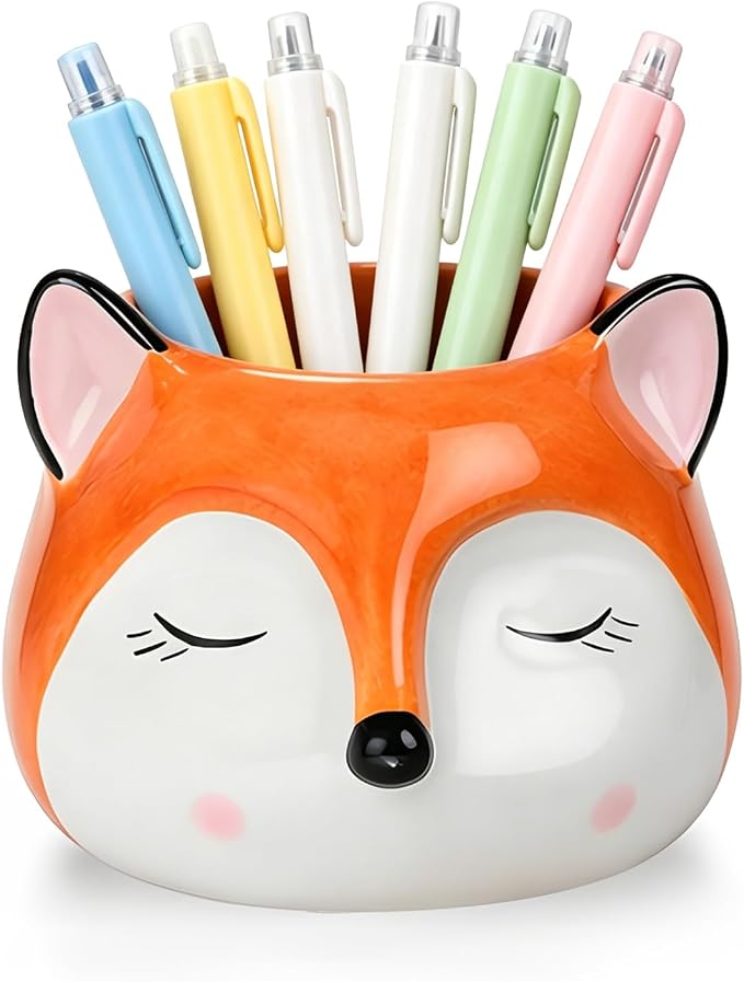 Ceramic Fox Shaped Pen Pencil Holder for Desk Decoration Accessories Fox Decor Makeup Brush Pen Cups Office School Ideal Gifts for Women, Mom or Birthdays