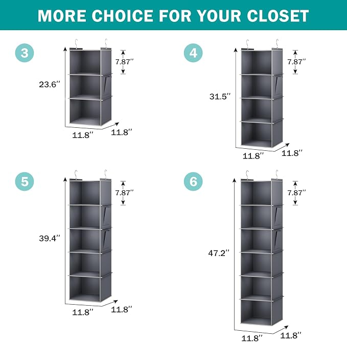 YOUDENOVA Hanging Closet Organizer and Storage for Clothes, 3-Shelf, Grey | Locker/RV/Camper Organizer, Side Pocket, Hanging Shelves for Small Closet, Dorm Room Essentials for Guys, Breathable Fabric
