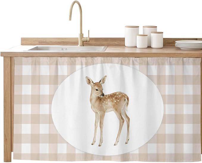 Resting Fawn Cabinet Curtains 28"x51" Sink Skirt for Bathroom Kitchen, Natural Animals Farmhouse Modern Plaid Self Stick Adhesive Under Desk Covers Tall Laundry Cabinet Storage Organizer