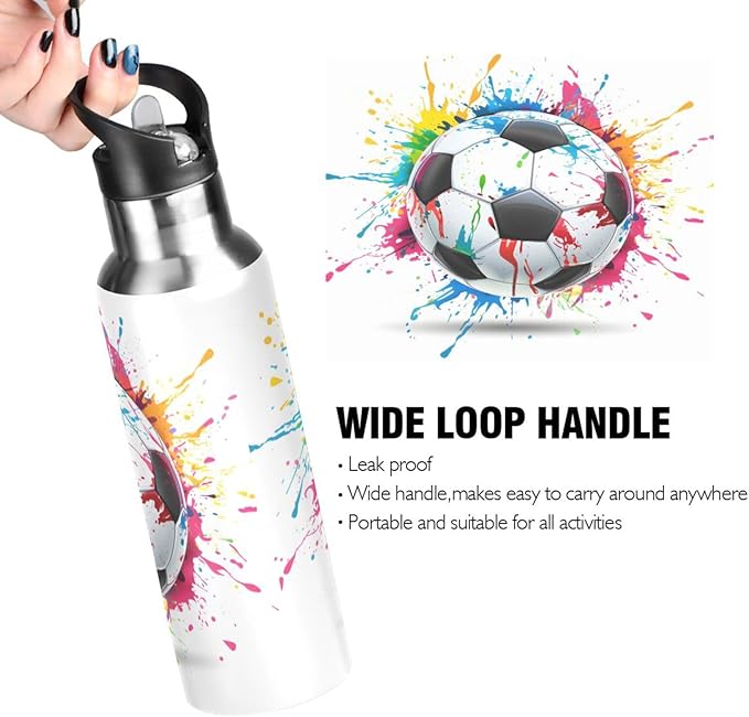 Soccer Ball Colorful Water Bottle with Straw Lid Kids Insulated Stainless Steel Water Flask Sports, 20 Oz Hot Cold