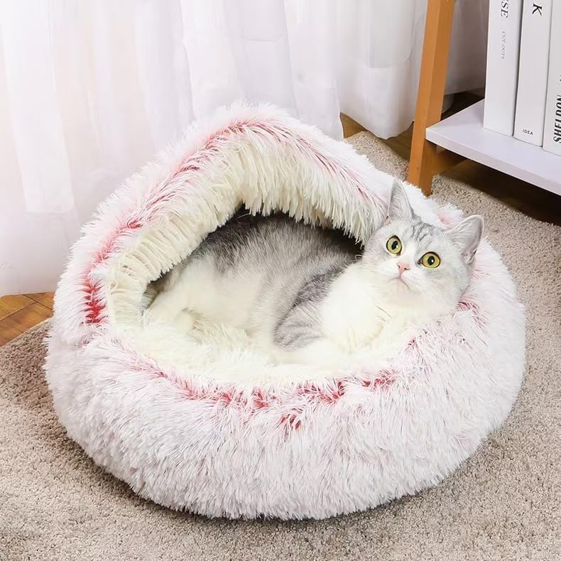 Round Fluffy Hooded Cat Bed Cave, Anti-Anxiety Cave Bed with Blanket | Hooded Cat Bed Cave, Cozy Cuddler Luxury Puppy Pet Bed, Anti-Slip Bottom and Machine Washable