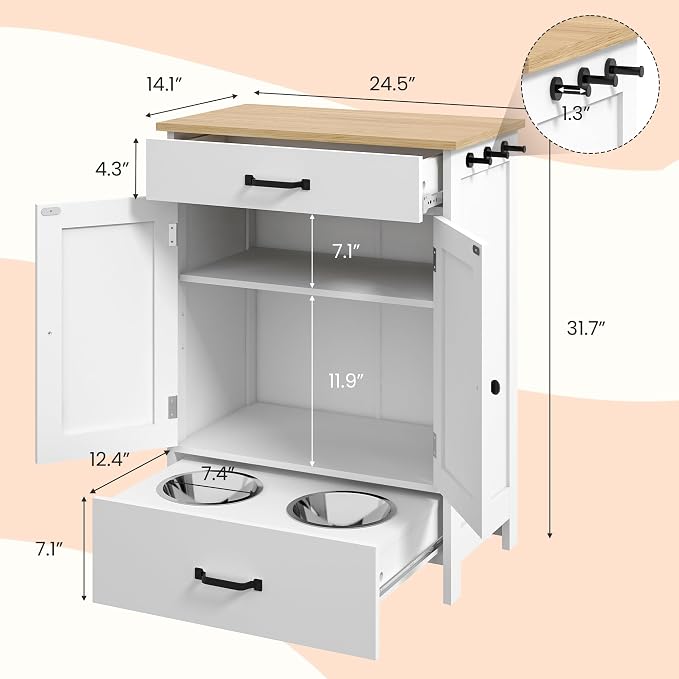 Dog Feeding Station Food Storage with 2 Elevated Stainless Bowls White Wood | Pet Organizer Cabinet With Adjustable Shelf Sliding Drawer Hidden Feeder ,Toy Organization Container for Cats & Dogs