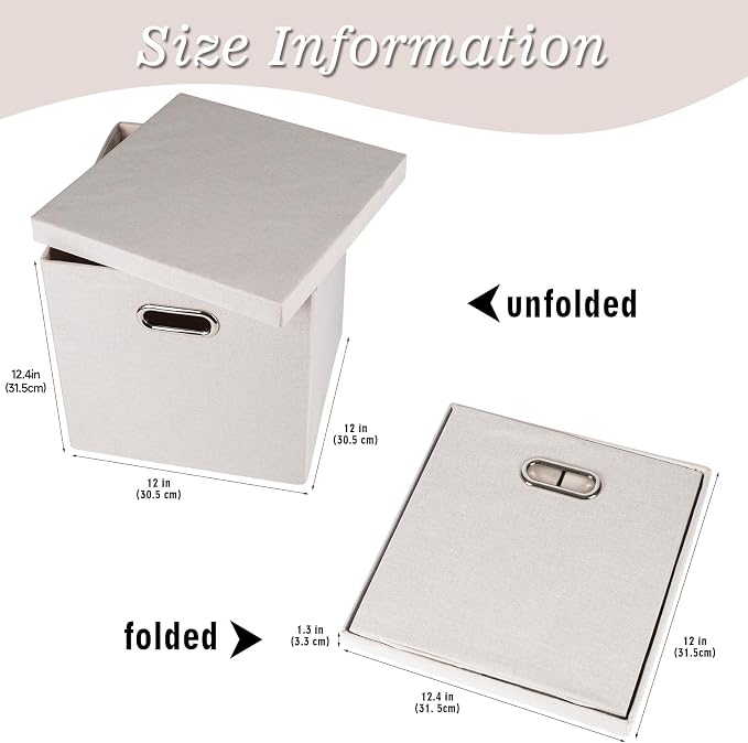 Storage Bins with Lids, Collapsible Linen Fabric Boxes Organizer Containers with Lid Foldable Storage Box Basket for Closet, Shelves, Home, Office, 12 x 12 x 12.4 Inch, 4 Pack, Beige