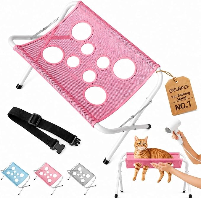 Cat Grooming Hammock,Foldable Pet Table For Dogs Home,Dog Bath Stand | Painted Iron Frame,Soft Breathable Sling,Secure Restraint,Portable Design,Small Breeds,Nail Care,Washing Support(Pink)