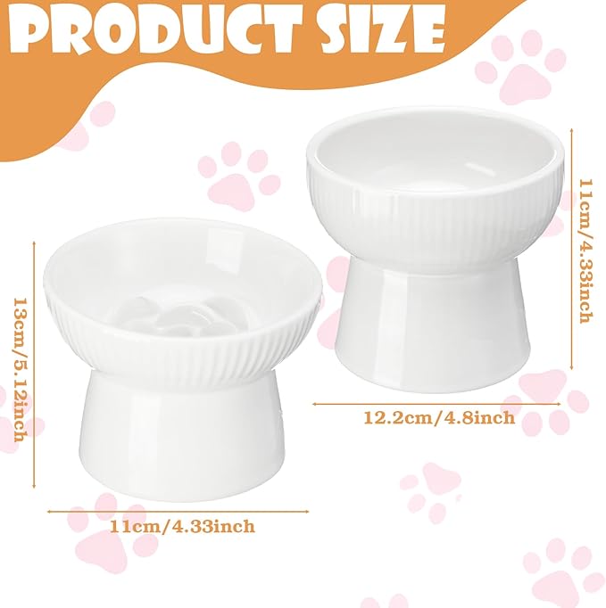 2 Pcs Cat Slow Feeder Bowl, Raised Ceramic Cat Slow Feeder Bowl, Elevated Cats Dog Food Bowls High Edge, Anti Vomiting for Pets Kitten Puppies Dry Wet Food and Water, Dishwasher Safe
