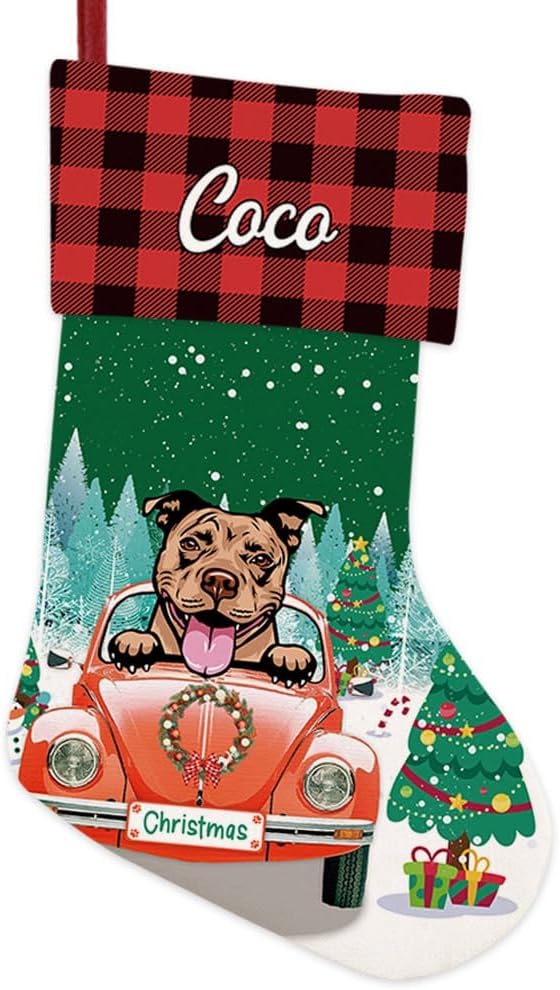 Personalized 1 Pack Christmas Stocking Happy Pit Bull Pet Dog Stocking Christmas Tree Winter Fireplace Holiday Decoration 14"