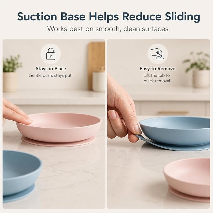 Meow&Woof 2 Pack Silicone Cat Food Bowls with Suction Base, Whisker-Friendly Shallow Cat Bowls for Wet Food, Non-Slip Pet Feeding Dishes for Cats, Small Dogs, Puppies and Kittens, 7.8", Pink & Blue