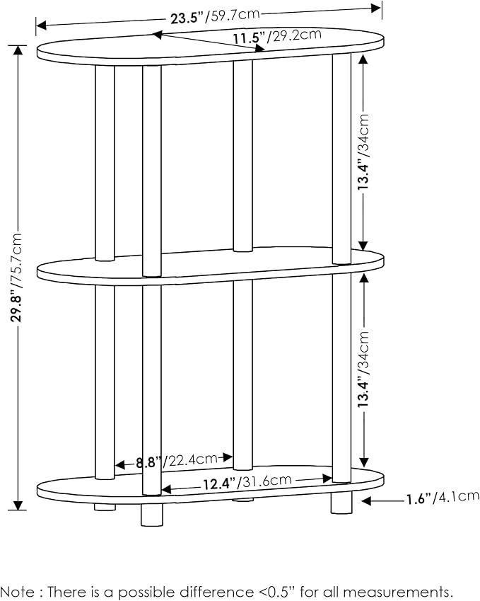 Furinno Turn-N-Tube No Tools 3-Tier Modern Oval Side Display Rack, White/Virgin White | Rounded Edges, Book Shelf, Open Frame Storage Shelves, Round Tubes, for Organization and Storage, Living Room, Home Office