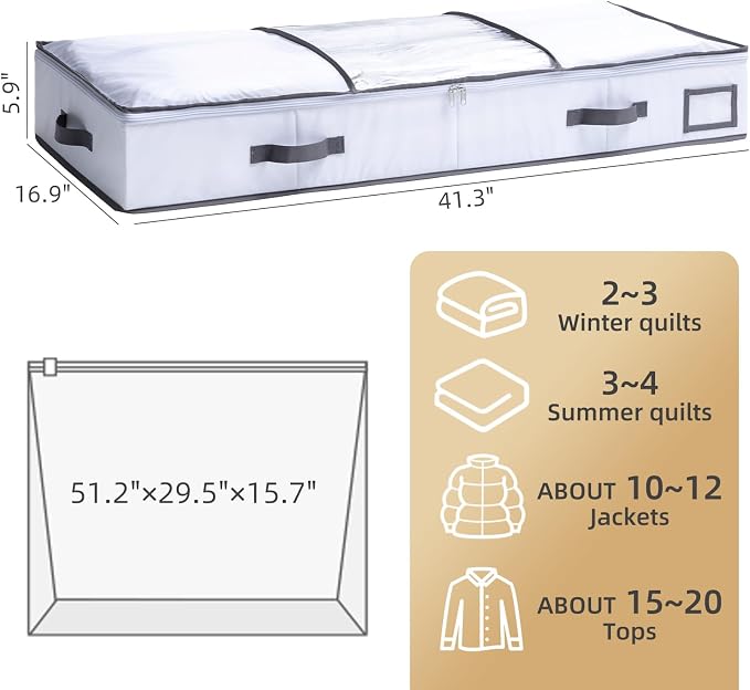 TAILI Under Bed Jumbo Vacuum Seal Storage Bags for Comforters and Blankets, Large Capacity White Foldable Box Save 80% Space, 41" x 17.7" x 6"