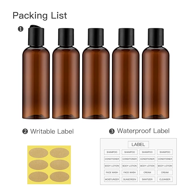 Travel Bottles for Toiletries, 3.4 oz Travel Size Containers, 5pcs, Amber | Squeezable empty plastic bottles, TSA approved, leak proof, with labels, for liquids & shampoo lotion, gym essentials