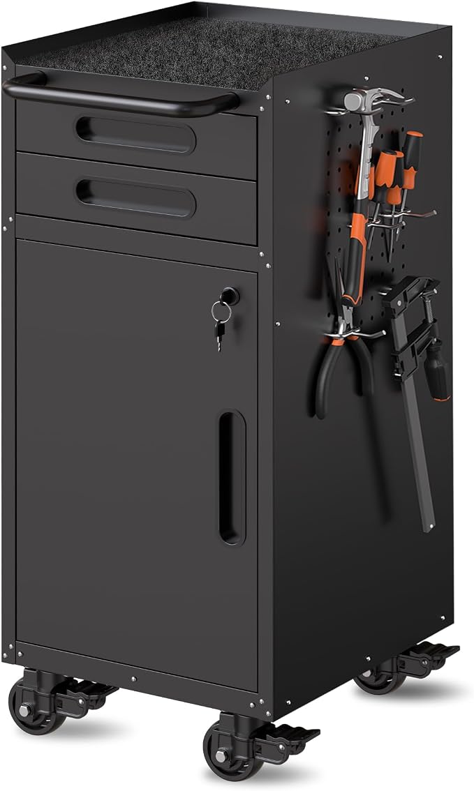 Metal Mobile Tool Storage Cabinet with 1 Locking Door and 2 Drawer | Black Heavy Duty Rolling Tool Cabinets for Garage,Metal Storage Cabinets with Wheels,Assembly Required