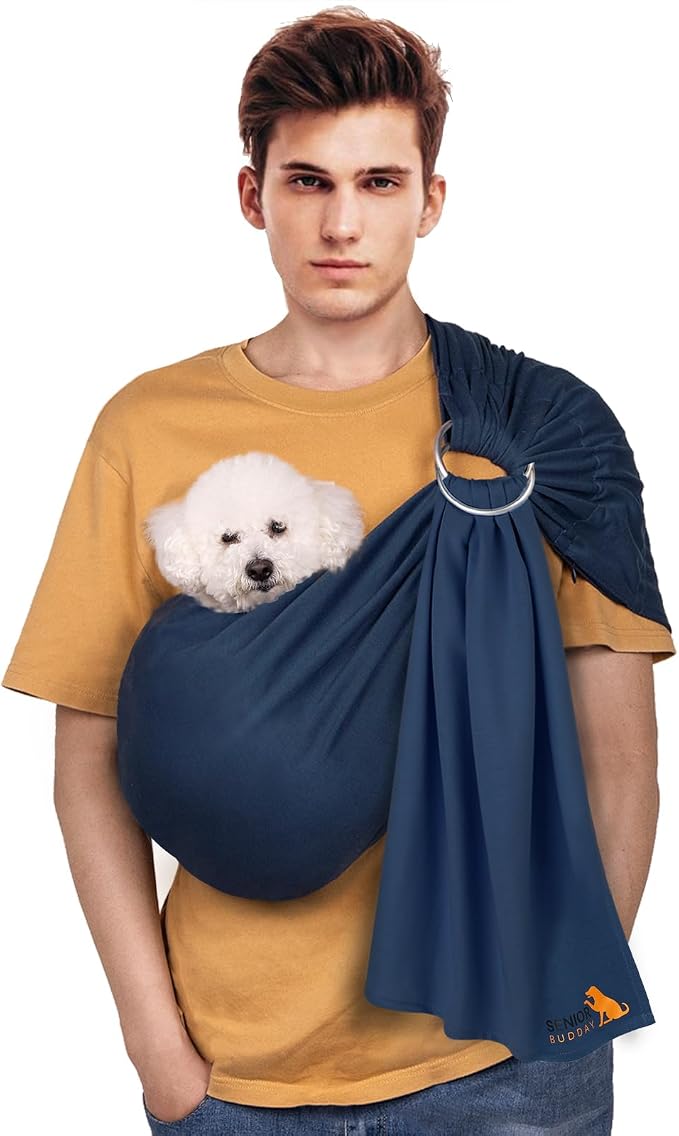 Dog Sling Carrier for Small Dogs, Adjustable Cat Sling Carrier, Navy Blue | Hands-Free Front Carry Chest, Soft Breathable Fabric Wrap, Puppy/Kitten/Pets Up to 15 lbs, Machine Washable, Anti-Anxiety