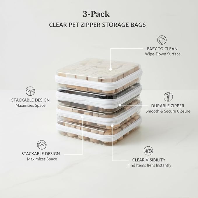 3-Pack Clear PET Zipper Storage Bags, White Organizer Pouches for Closet, Drawer & Under-Bed Use, Durable Transparent Containers (Small, Medium, Large)
