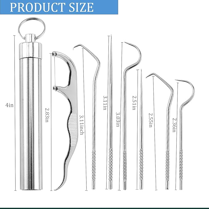 Dental Teeth Pick 7 Pack Stainless Steel Toothpick Kit Dental Tools Tooth Stains Remover Dental Floss Ficks Teeth Cleaning Tools with Holder for for Outdoor Picnic, Camping, Travel