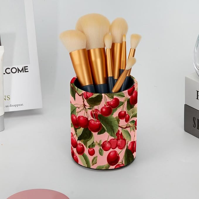 Faux Leather Pen Holder for Desk, Pencil Organizer Cherry Pen Cup Desk Decor Makeup Brush Holder Storage for Office Home
