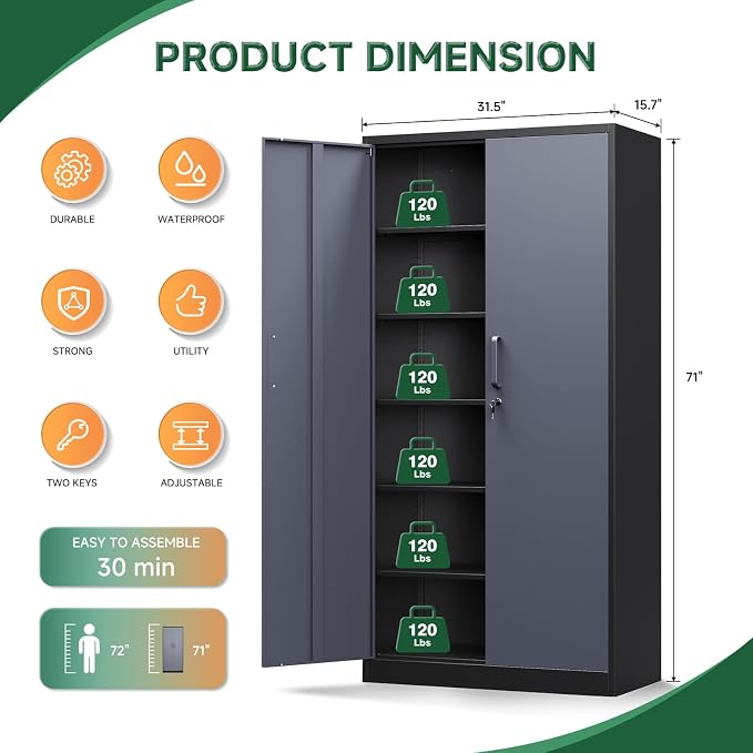 Metal Storage Cabinets with Lock Door and 5 Adjustable Shelves, Steel Garage Tool Organization Cabinets for Home,Utility Room, Warehouse,Lockers(71"-Black Gray)