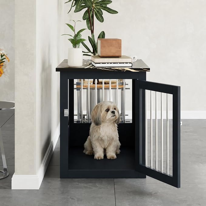30" Wooden Dog Crate Furniture,Medium Kennel Pet Cage End Table for Indoor | for Small Medium Dogs, Grey and Black, Fits Living Room Bedroom, Heavy Duty Steel Frame with Lock 45 lbs Cap, 100 lbs Top.