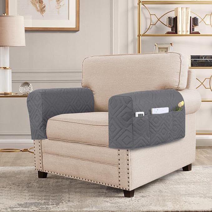 H.VERSAILTEX Water Resistant Armrest Covers for Sofa, 2 Pack, Gray/Beige | Waterproof Armchair Caddy, Couch Arm Covers Remote Control Holder Sofa Armrest Organizer for Magazine, Tablet, Phone, iPad