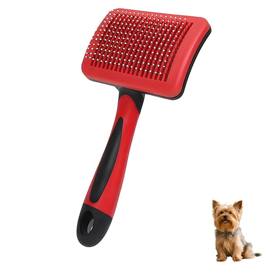 Self Cleaning Slicker Dog Brush for Small Long-Haired Breeds, One-Click Hair Removal, Puppy Essentials, Fit Yorkie, Shih Tzu, Maltese, Maltipoo, Pomeranian, Pet Grooming Tool (Black and Red)