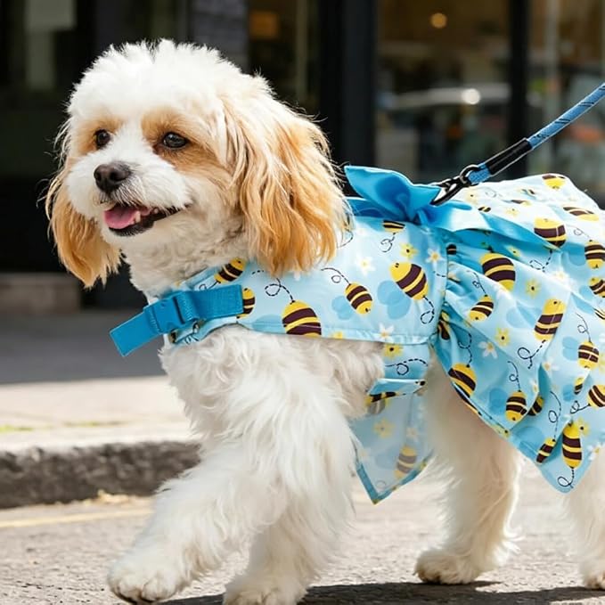 PUPTECK Summer Dog Dress with Bow and Leash Ring, Blue Yellow Bee S | Cute Adorable Breathable Mesh Dog Clothes for Small Medium Dogs Puppy Cats, Pet Outfit Apparel for Birthday Party