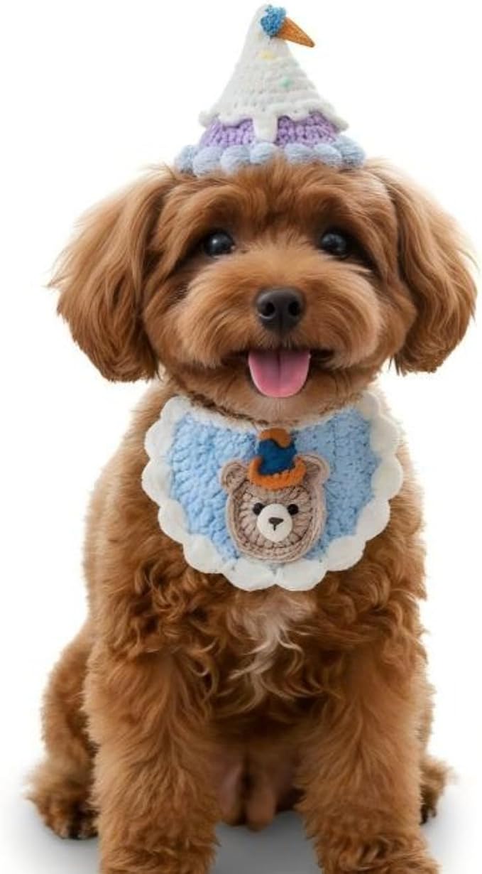 Handmade Knit Pet Birthday Costume – Adjustable Birthday Dog Hat & Teddy Bear Bandana for Cats and Small to Medium Dogs, Cute Outfit for Party, Holiday, Daily Wear & Photos