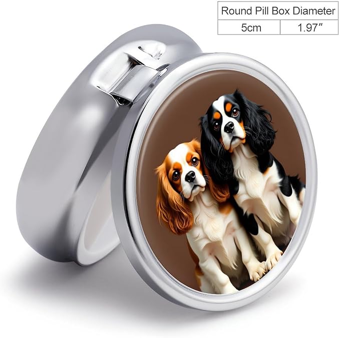 Cute Pet Dog Metal Pill Organizer with Mirror, 3-Compartment Travel Pill Box, 2-Inch Round Pocket Medicine Case with Secure Latch, Portable Vitamin Holder for Women & Men