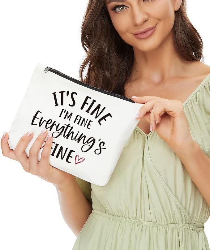 Inspirational Gifts for Women Makeup Bag, Positive Quotes Cosmetic Bag | Uplifting Encouragement Gifts for Women Girls Daughter Friends Travel Toiletry Pouch It's Fine I'm Fine Everything's Fine
