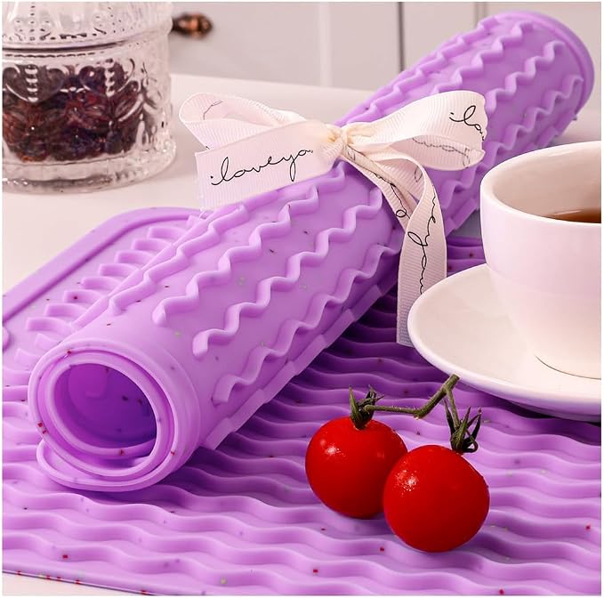 CAKETIME 2 Pack Multicolor Silicone Dish Drying Mat for Kitchen Counter Waterproof Place mats Stove Top Organizer Cooking Appliance Trays Dryer Rack Drainers Items Extra Large 24"*18" Purple