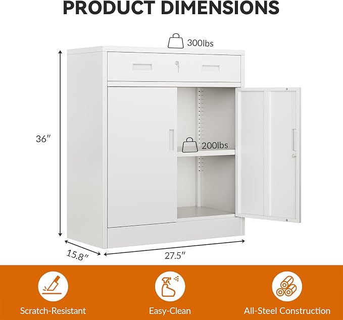 BESFUR Metal Garage Storage Cabinet with One Lockable Drawer 2 Locking Doors and an Adjustable Shelf, 36" White Metal Short Storage Cabinet for Home Office, Garage,School,Utility Room