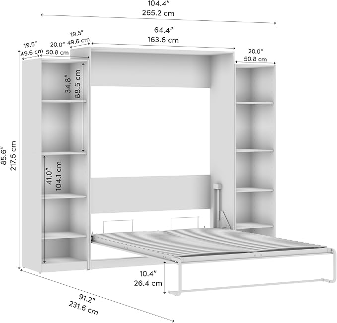Bestar Queen Murphy Bed with Closet Organizer, White, Claremont, 105W | Closet Organizers; supports up to 1000 lb; min. ceiling height 88 in.; for guest room or multipurpose space; 10-year warranty