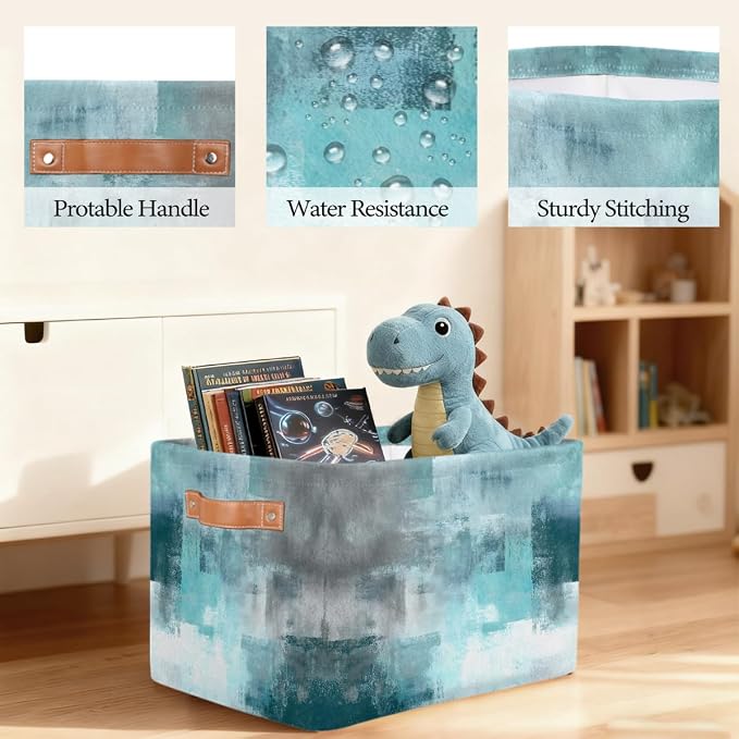 Pardick Storage Baskets Bin, Teal Grey Turquoise Collapsible Canvas Fabric Storage Bin Decorative Baskets Toy Organizer Rectangle Storage Boxes with handles for Home Shelves Nursery,Q-1