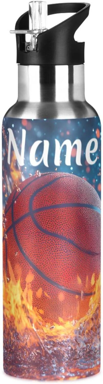 Custom Name Basketball Ball Fire Water Splash Water Bottle with Straw Lid Kids Insulated Stainless Steel Water Flask Sports, 20 Oz Hot Cold
