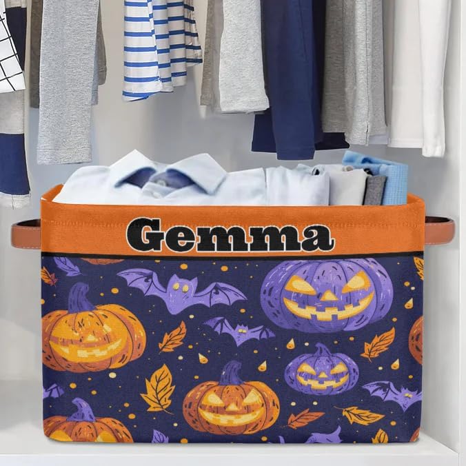Personalized Foldable Storage Basket with Name for Boys, Laundry Hamper Dirty Clothes Pet Toys Storage Bin with Handles for Shelf Home Closet, Purple Orange Pumpkin Bat