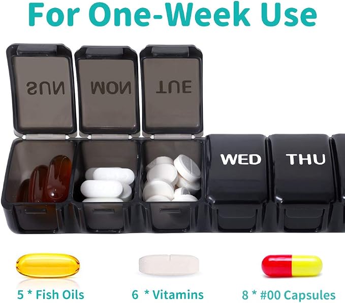 UHOUSE 2 Packs Weekly Pill Organizer 7 Day (Black) | Pocket Daily Pill Case Pill Box for Pills/Vitamin/Fish Oil/Supplements